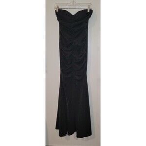 Lulus Womens Sz S Black Strapless Glitter Ruched Bodycon Maxi Evening Gown Dress